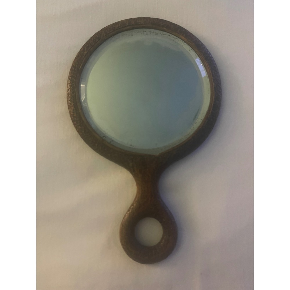 Vintage Carved Wood Hand Mirror Floral Daisy Design Brown Rustic Vanity Decor